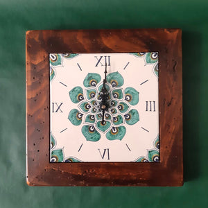 Wall Clock 'Green Peacock Feathers' with handmade wood frame