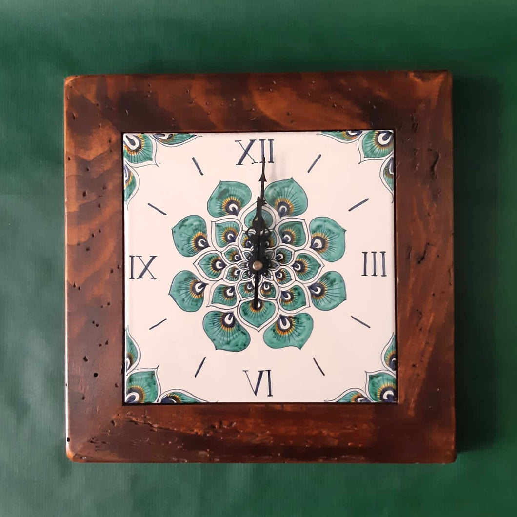 Wall Clock 'Green Peacock Feathers' with handmade wood frame