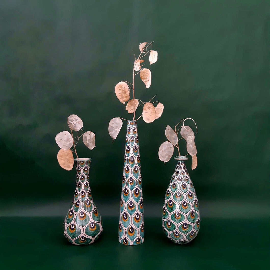 Vases 'Green Peacock Feathers' Collection of three