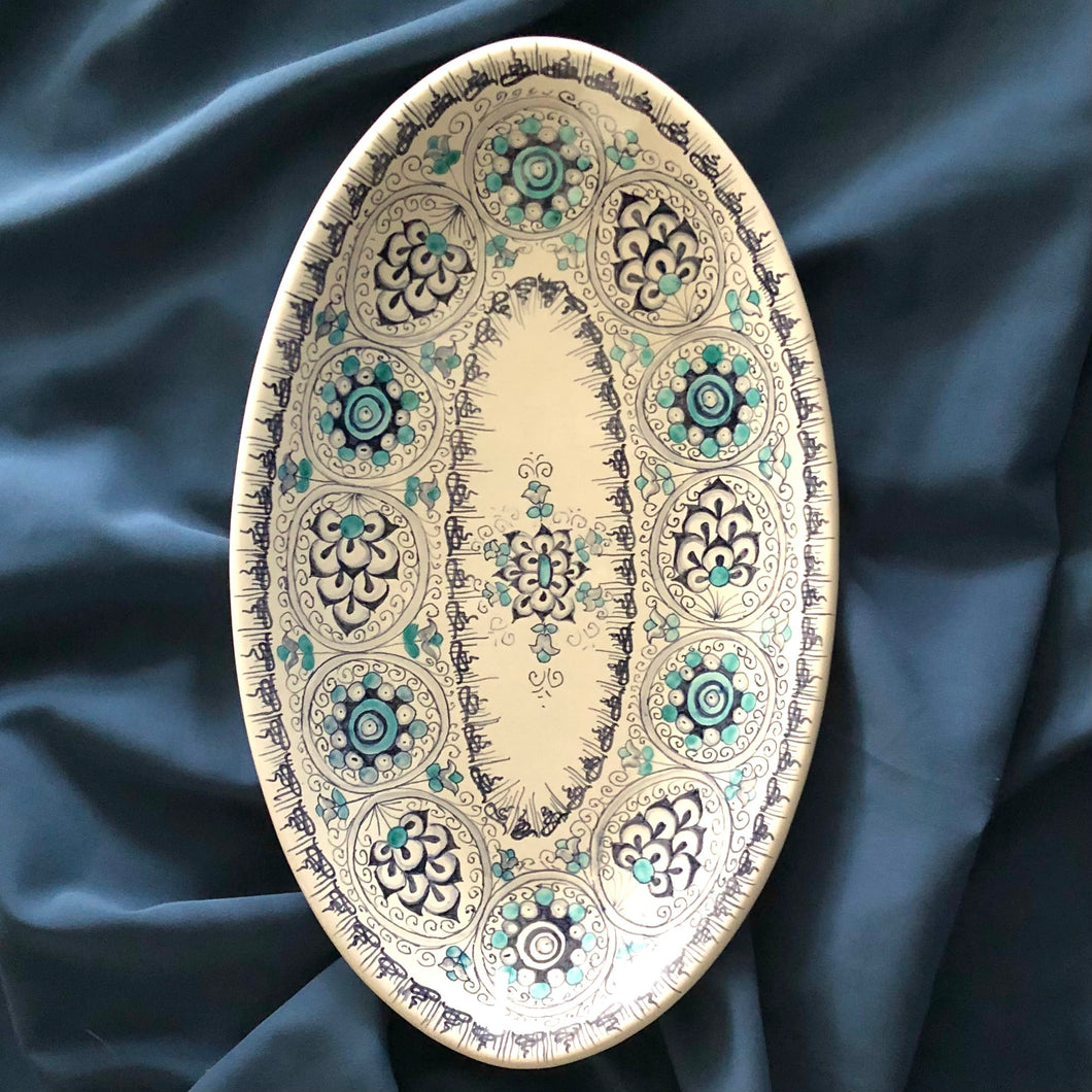 Oval serving plate 'Little Palms' Blue & Green
