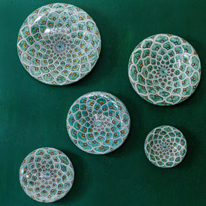 Wall Plates 'Green Peacock Feathers' Collection of 5