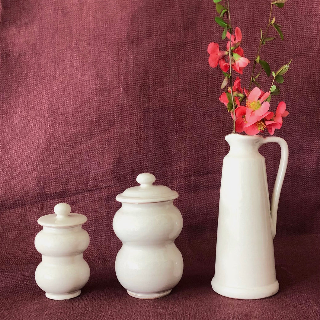 White Set of Two Mini Albarello Jars and Vase