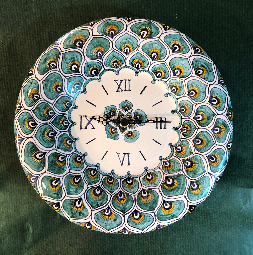 Round Wall Clock 'Green Peacock Feathers'