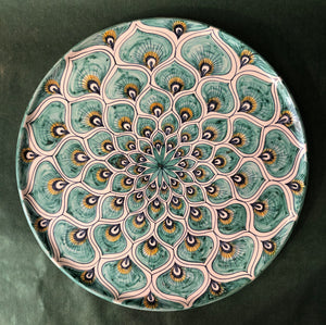 Large Cake Dish Green Peacock