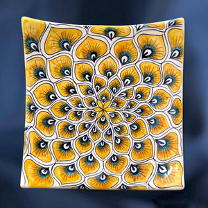 Square Dish 'Yellow Peacock Feathers'