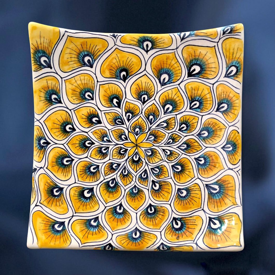 Square Dish 'Yellow Peacock Feathers'