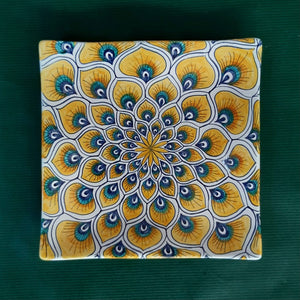 Square Dish 'Yellow Peacock Feathers'