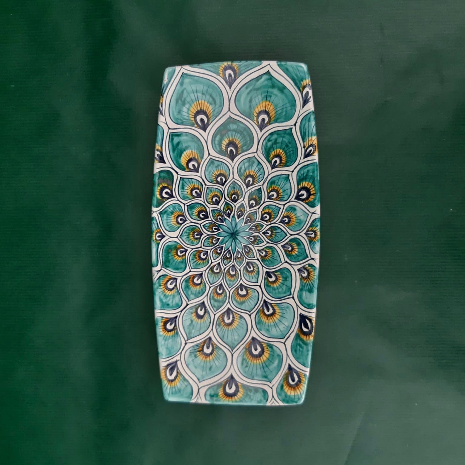 Rectangular serving plate Green Peacock Feathers Small